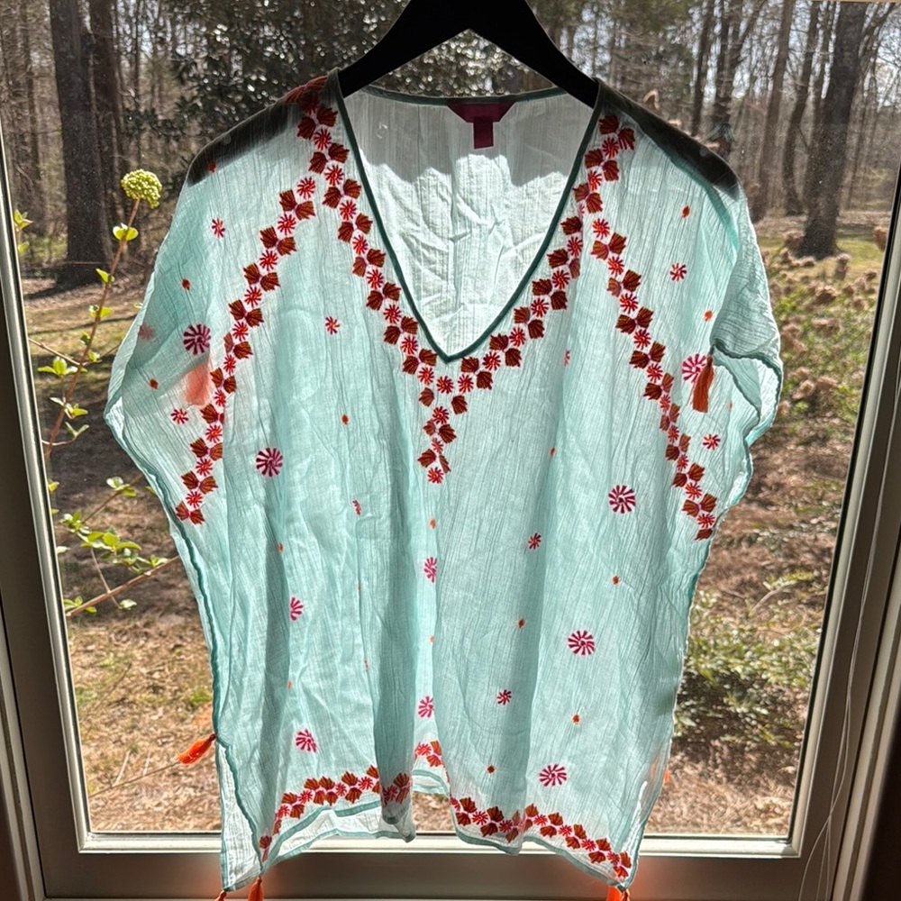 Embroidered V-Neck Women's Top - Light Blue with Pink and Orange Accents